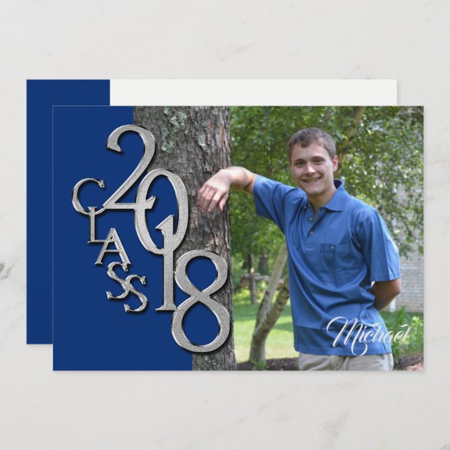 Class of 2018 Photo Graduation Blue Silver Invitation (Front/Back)