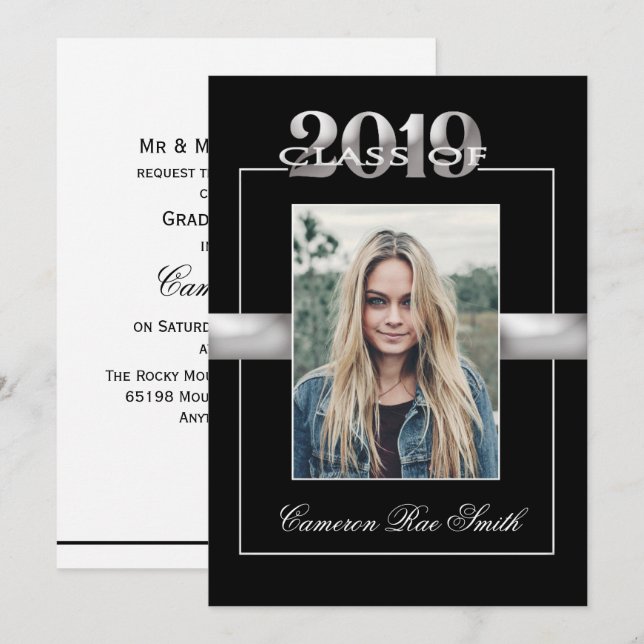 Class of 2019 Black & Silver Graduation Party Invitation (Front/Back)