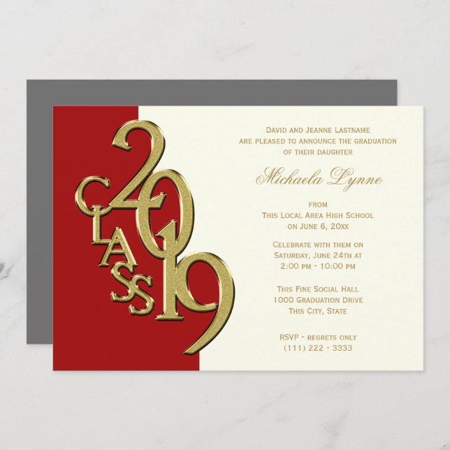 Class of 2019 Grad Gold Red Ivory Invitation (Front/Back)
