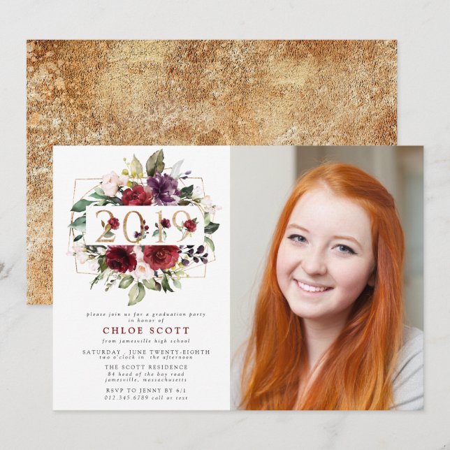 Class of 2019 Red Purple Floral Photo Graduation Invitation (Front/Back)
