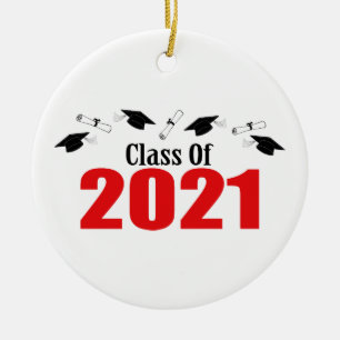 Class Of 2021 Caps And Diplomas (Red) Ceramic Tree Decoration