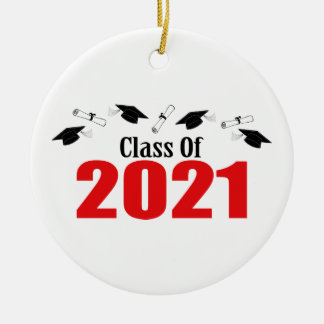 Class Of 2021 Caps And Diplomas (Red) Ceramic Tree Decoration