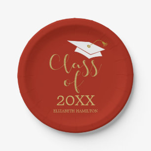 Class of 2021 Gold Glitter Calligraphy Red Paper Plate