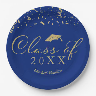 Class Of 2021 Gold Script Graduation Party Blue Paper Plate