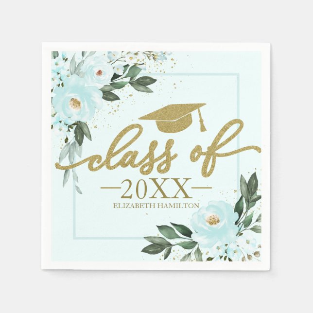 Class Of 2021 Gold Teal Floral Graduation Party Napkin (Front)