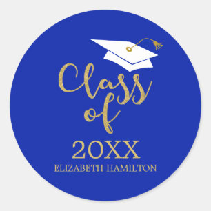 Class of 2021 Grad Cap Gold Glitter Calligraphy C Classic Round Sticker