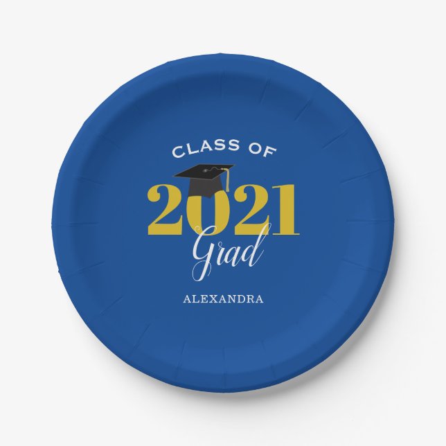Class of 2021 Grad Simple Blue and Gold Paper Plate (Front)