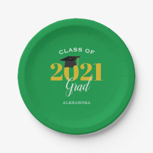 Class of 2021 Grad Simple Green and Gold Paper Plate