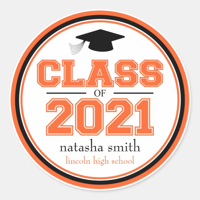 Class Of 2021 Graduation Favour (Orange / Black) Classic Round Sticker (Front)