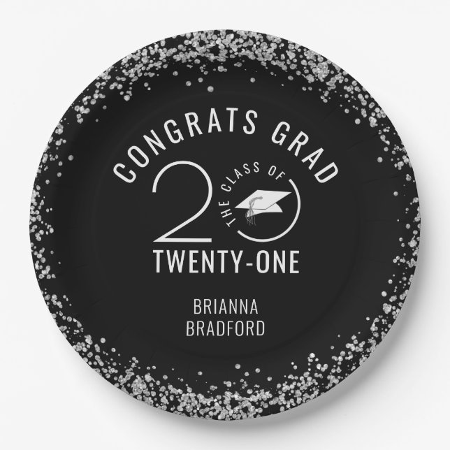CLASS OF 2021 Graduation Silver Glitter Black Paper Plate (Front)
