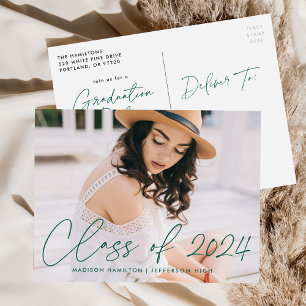 Class of 2021 Green Script Photo Graduation Party Invitation Postcard