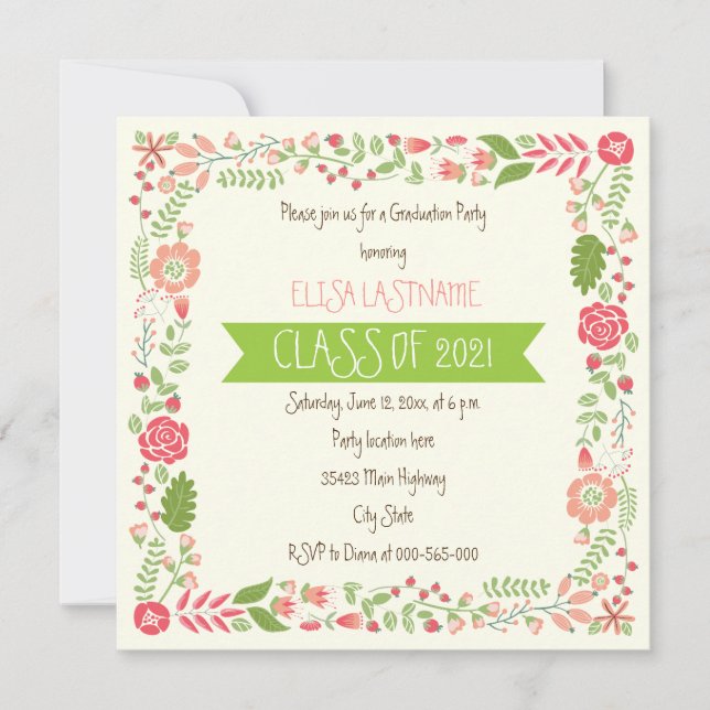 Class of 2021 pink floral border graduation invitation (Front)