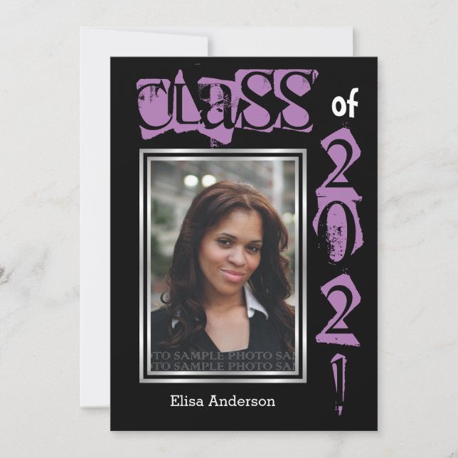 Class of 2021 purple text graduation photo invitation (Front)