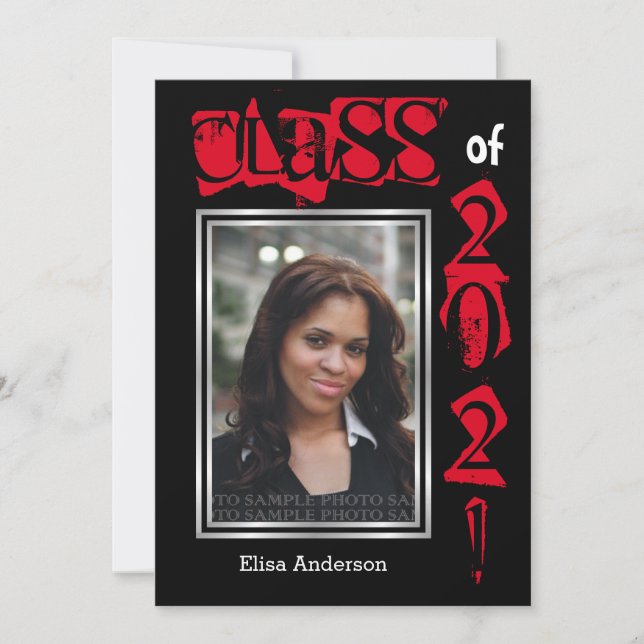 Class of 2021 red text graduation photo invitation (Front)