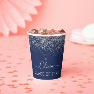 Class of 2021 Silver Navy Blue Glitter Graduate Paper Cups