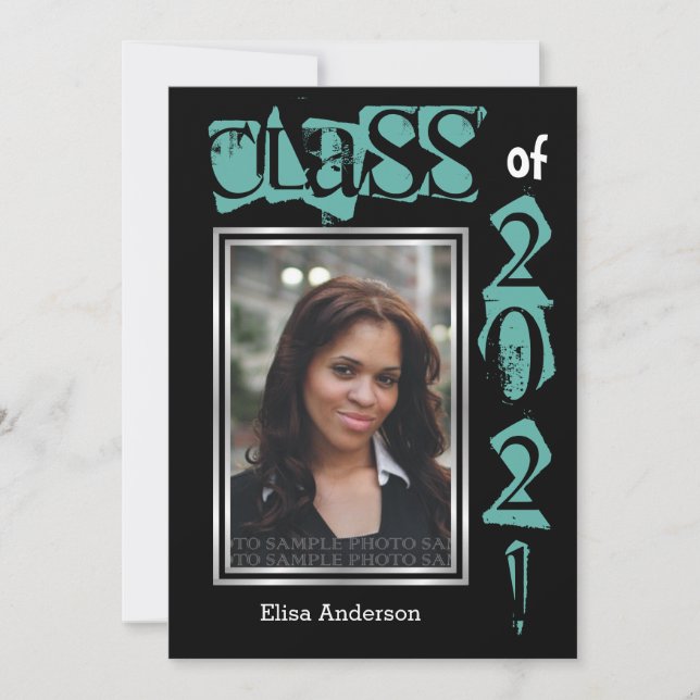 Class of 2021 teal text graduation photo invitation (Front)