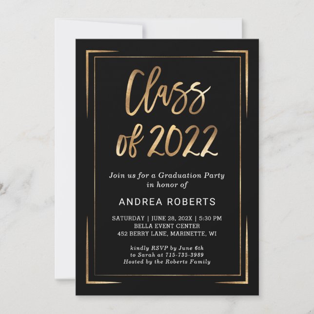 Class of 2022 Black Gold Photo Graduation Party Invitation (Front)