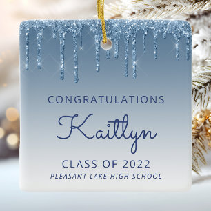 Class of 2022 Blue Glitter Drip Photo Graduation Ceramic Ornament