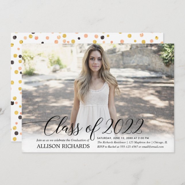 Class of 2022 elegant calligraphy graduation photo invitation (Front/Back)
