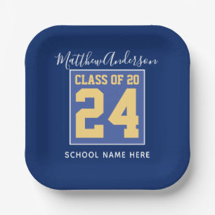 Class of 2022 Elegant Royal Blue & Gold Graduation Paper Plate