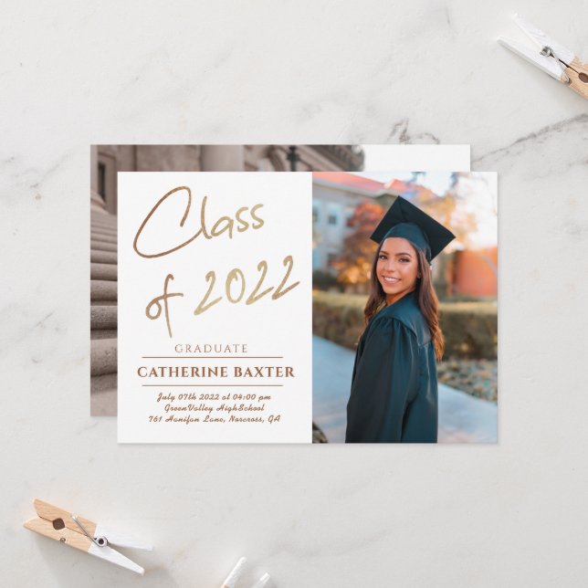 Class Of 2022 Gold Custom Photo Modern Graduation Invitation (Front/Back In Situ)
