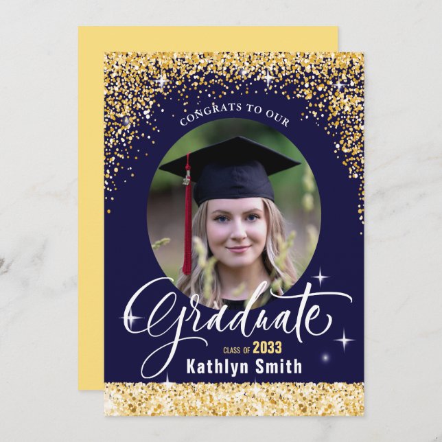 Class of 2022 Gold Glitter Blue Elegant Graduation Invitation (Front/Back)