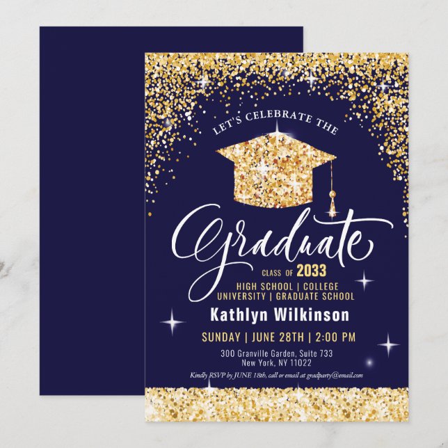 Class of 2022 Gold Glitter Blue Elegant Graduation Invitation (Front/Back)