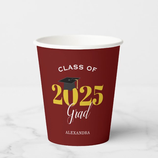 Class of 2022 Grad Simple Maroon and Gold Paper Cups (Front)