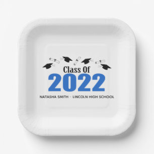 Class Of 2022 Graduation Caps & Diplomas (Blue) Paper Plate