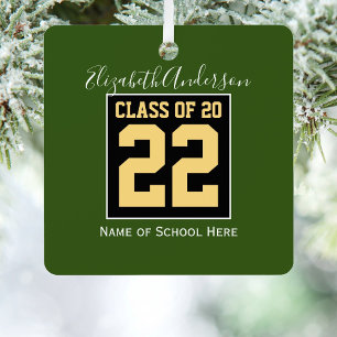 Class of 2022 Green Black & Gold Graduation Photo Metal Tree Decoration