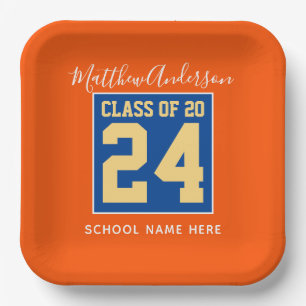 Class of 2022 Orange Blue & Gold Graduation Party Paper Plate