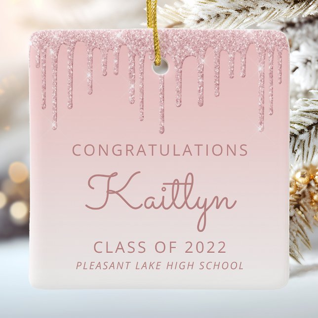 Class of 2022 Pink Glitter Drip Photo Graduation Ceramic Ornament (Creator Uploaded)