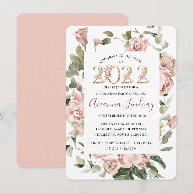 Class of 2022 Pretty Pink Rose Floral Graduation I Invitation (Front/Back)