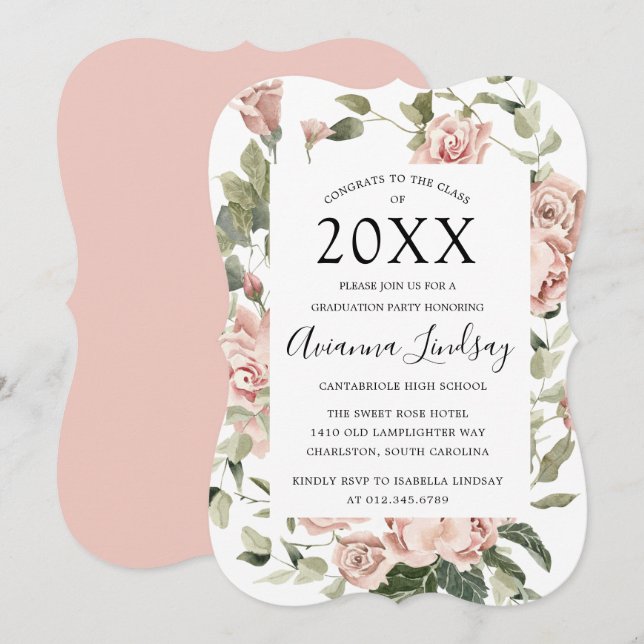 Class of 2022 Pretty Pink Rose Floral Graduation Invitation (Front/Back)