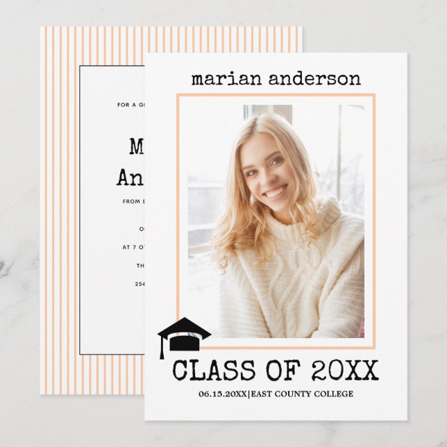 Class of 2022 typewriter peach graduation photo invitation (Front/Back)