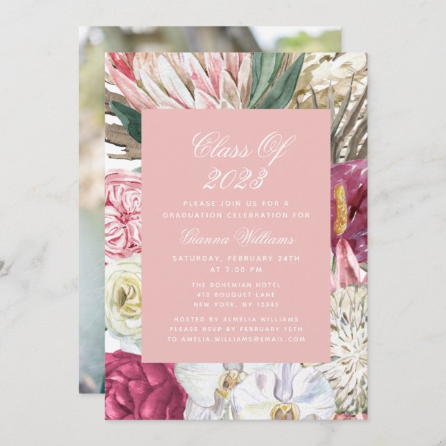 Class of 2022 Watercolor Floral Photo Graduation Invitation (Front/Back)