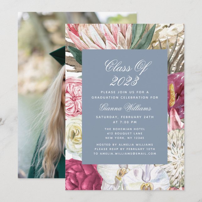 Class of 2022 Watercolor Floral Photo Graduation  Invitation (Front/Back)