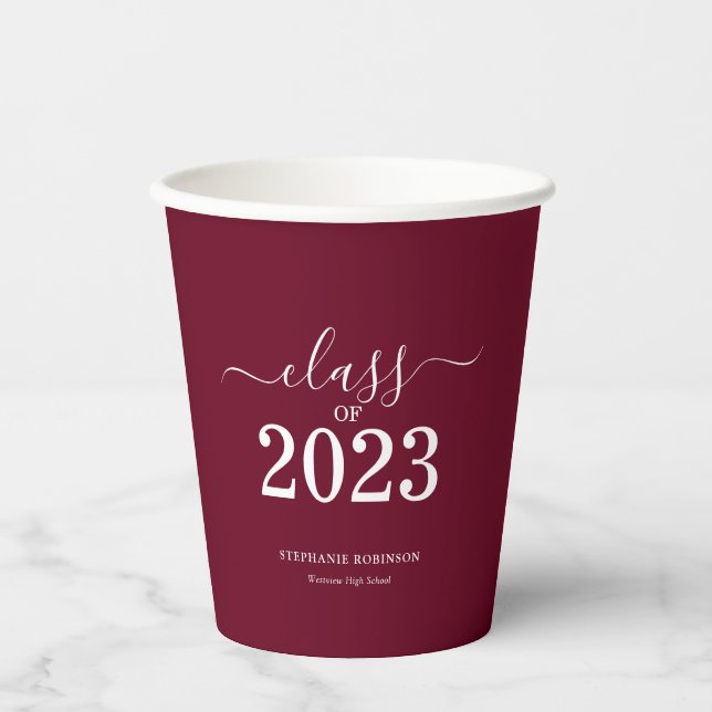Class of 2023 Burgundy Graduation Party Paper Cups (Front)