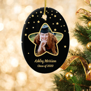 Class of 2023 Elegant Black & Gold Graduate Photo Ceramic Tree Decoration