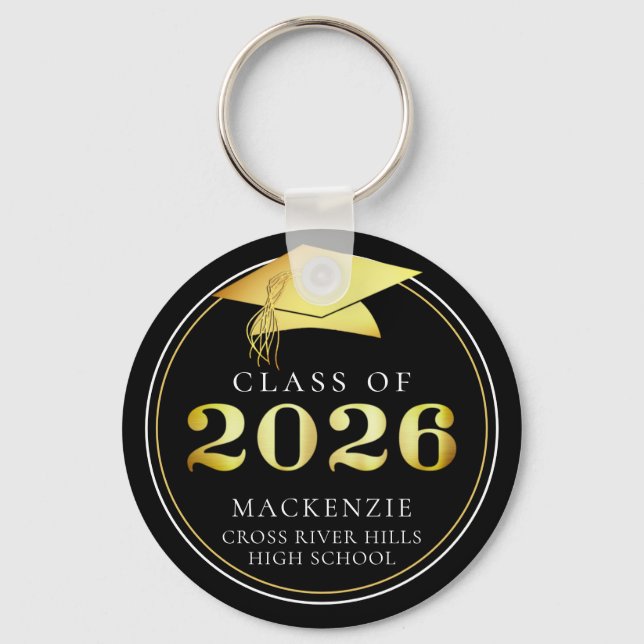 Class of 2023 Elegant Black Gold Personalized Key Ring (Front)