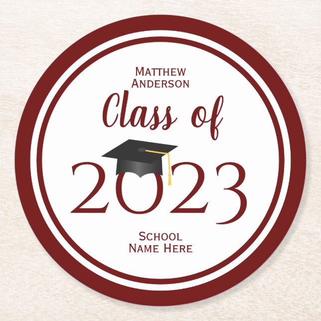 Class of 2023 Elegant Burgundy Graduation Party Round Paper Coaster (Front)