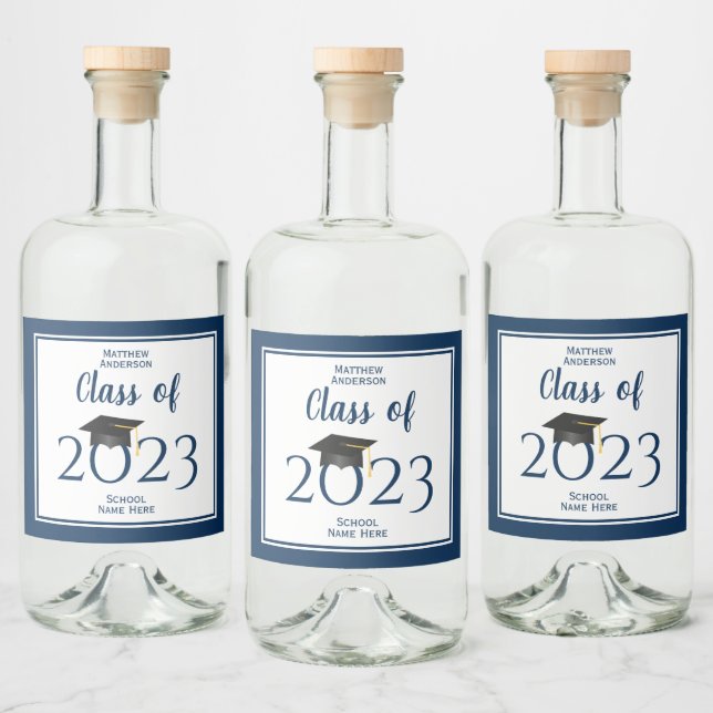 Class of 2023 Elegant Navy Blue Graduation Party Liquor Bottle Label (Bottles)