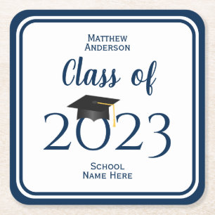 Class of 2023 Elegant Navy Blue Graduation Party Square Paper Coaster