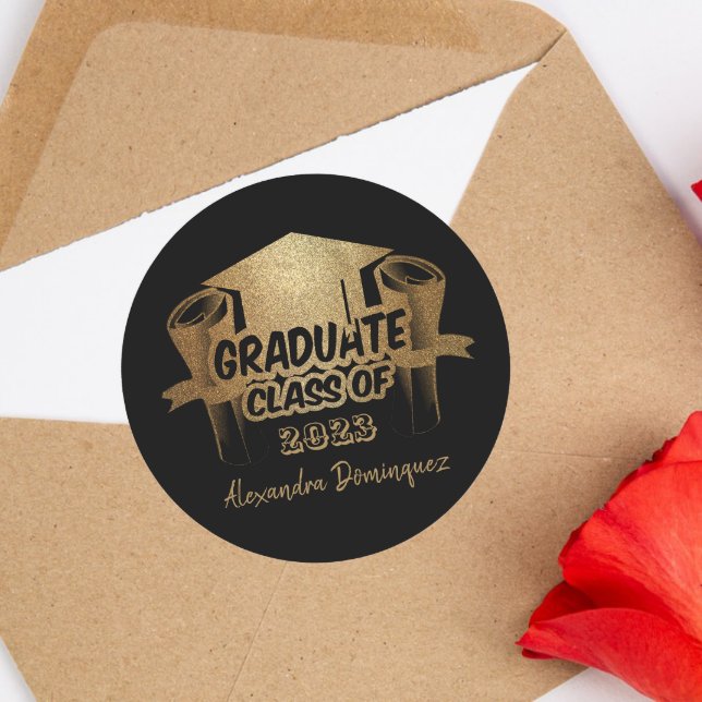 Class of 2023 Gold Glitter Black Grad Party Favor Classic Round Sticker (Creator Uploaded)