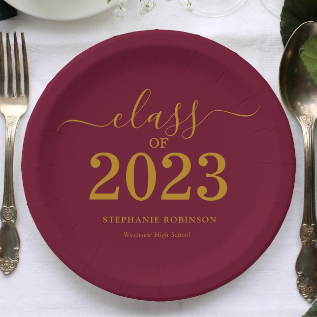 Class of 2023 Gold Maroon Graduation Party Paper Plate (Creator Uploaded)