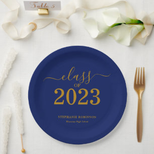Class of 2023 Gold Navy Blue Graduation Party Paper Plate