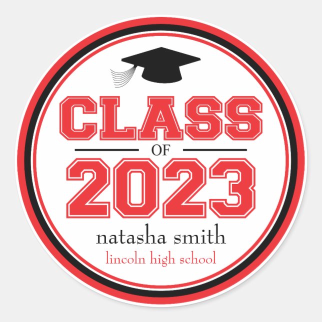 Class Of 2023 Graduation Favour (Red / Black) Classic Round Sticker (Front)