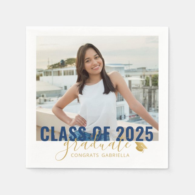 Class of 2023 Graduation Photo Blue Gold Napkin (Front)