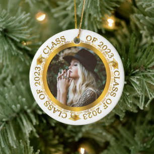 Class of 2023 Graduation Photo White Gold Ceramic Tree Decoration