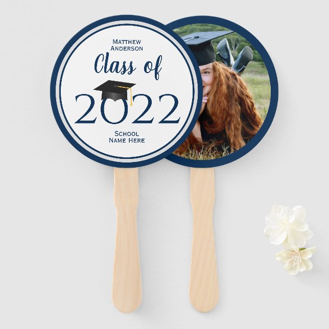 Class of 2023 Modern Navy Blue Graduation Photo Hand Fan (Front and Back)